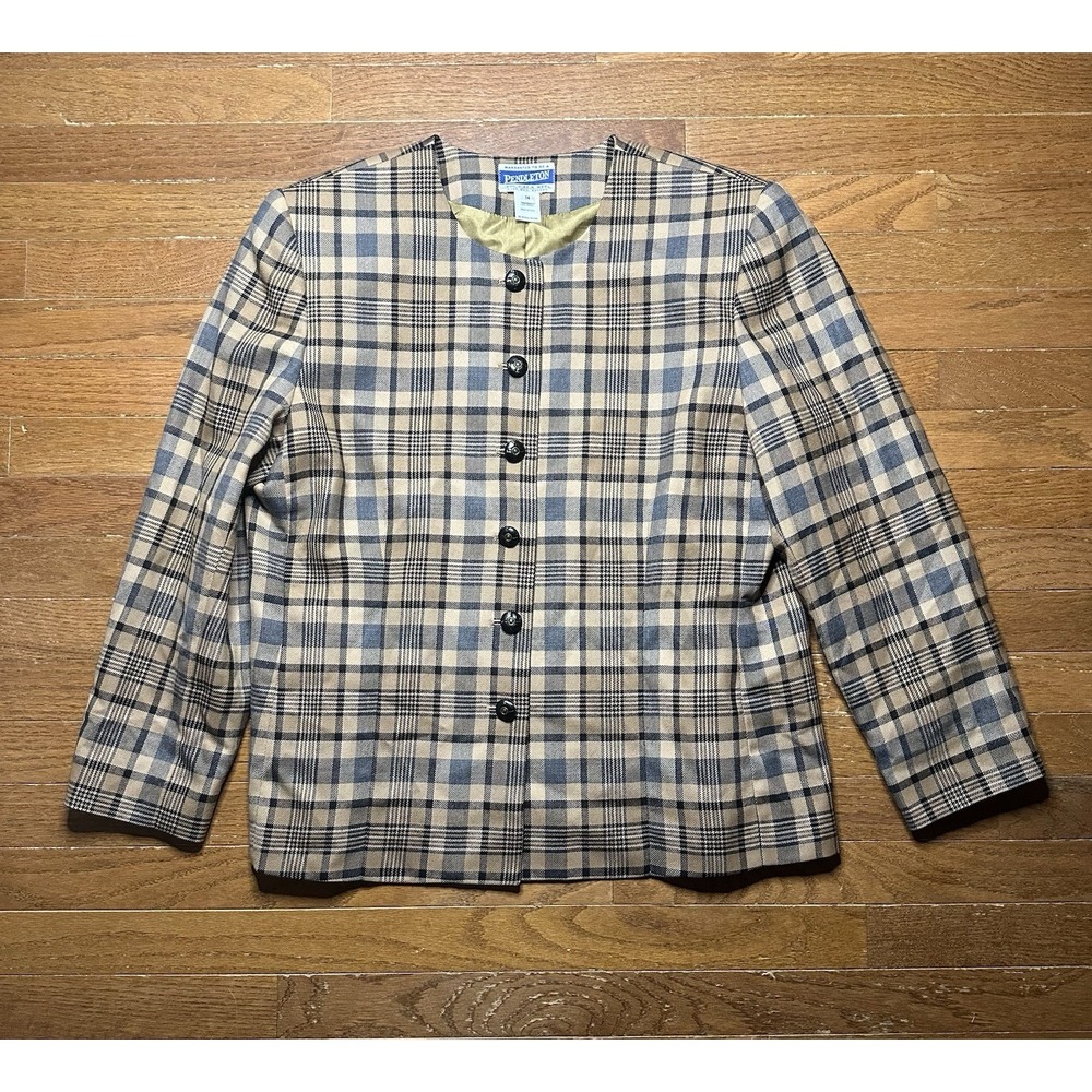 VTG Pendleton Wool Plaid Blazer Women's Size 14 Tan Black Button Up Made In USA